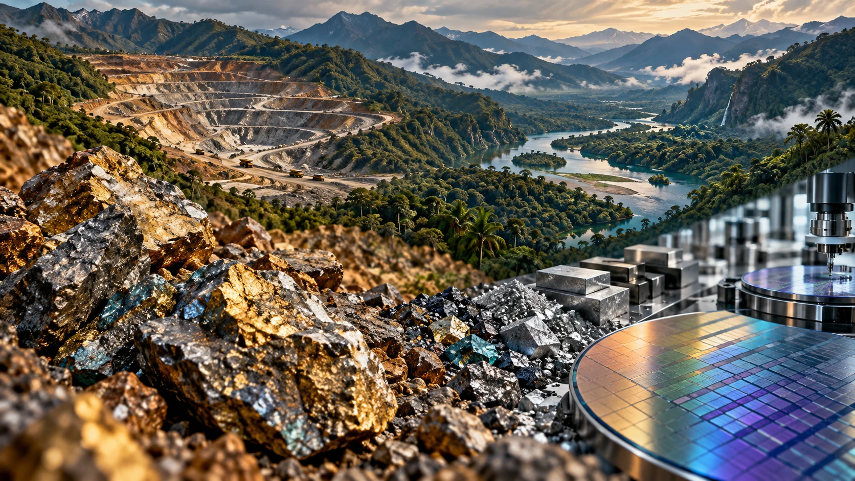 Conceptual illustration of an Andean watershed, mineral extraction, and industrial technology