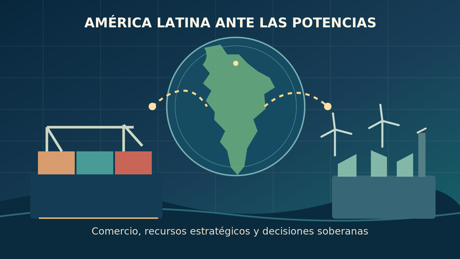 Ilustración conceptual de América Latina, comercio marítimo, industria y energías renovables