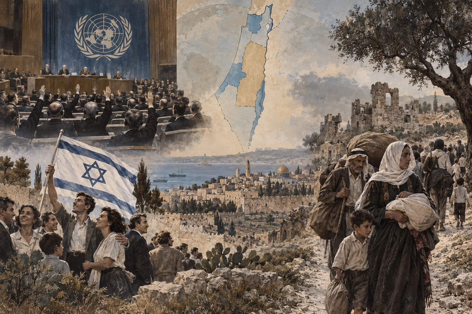 Ilustración editorial que yuxtapone la independencia israelí y el desplazamiento palestino de 1948