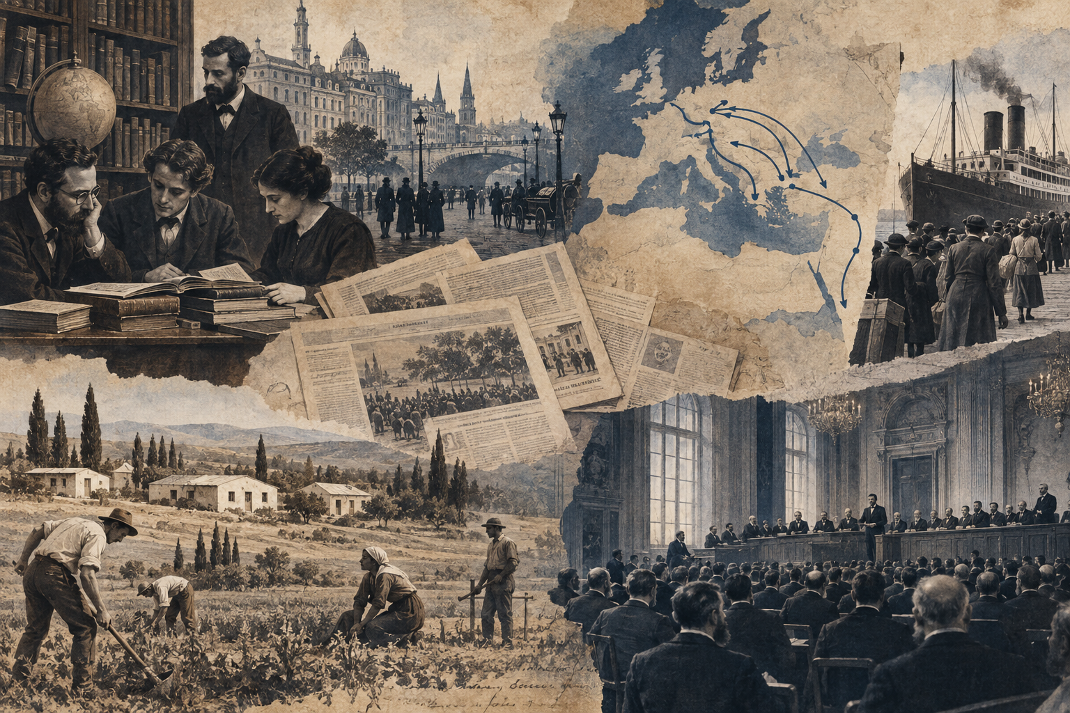 Ilustración editorial del pensamiento judío europeo del siglo XIX, la migración, los asentamientos y el congreso sionista